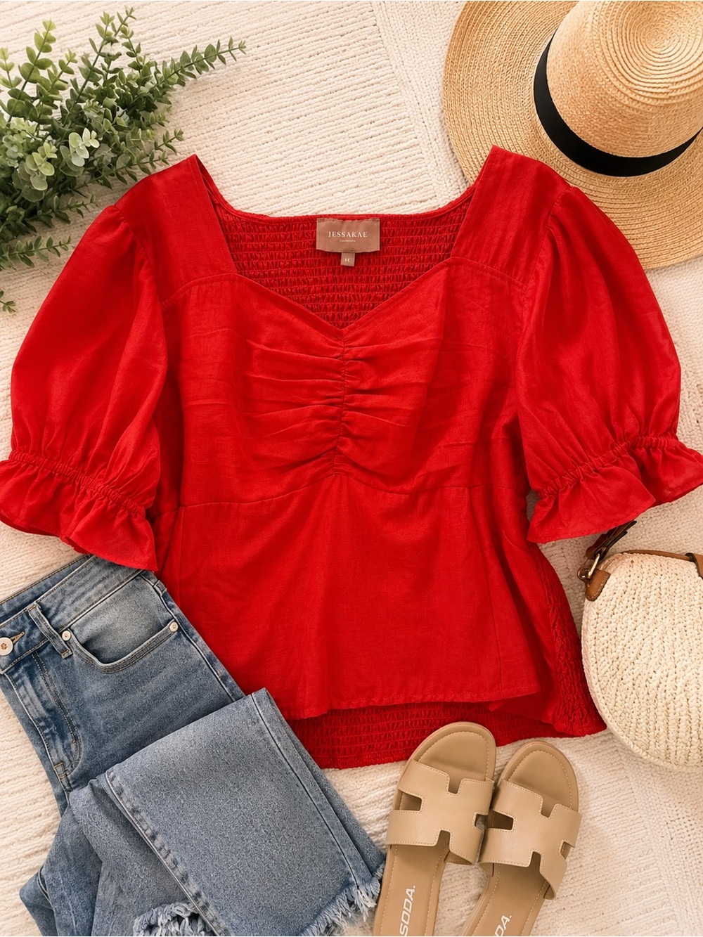 Jessakae Collection Red Smocked Puff Sleeve Blouse Top Size 4X